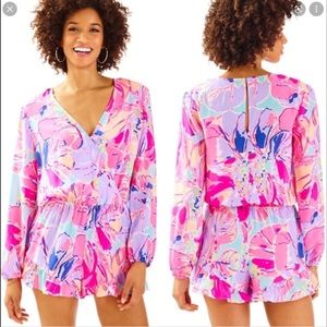 NWT Lilly Pulitzer Fanning V-neck Romper pink purple XS